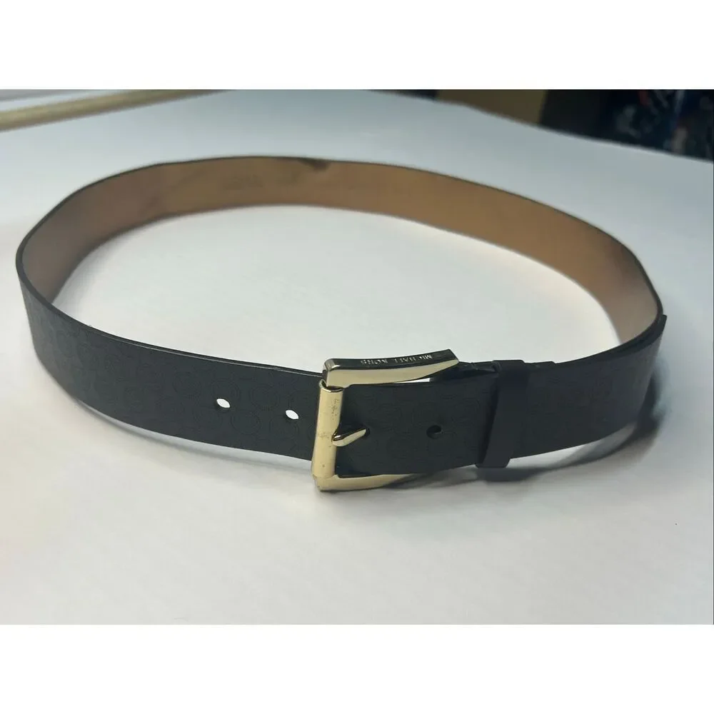 Michael Kors Brown MK Logo Monogram Belt Gold Buckle Womens Size L 44”